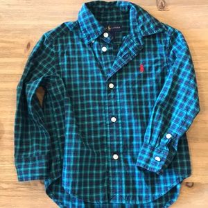 Blue and teal plaid button up long sleeve shirt